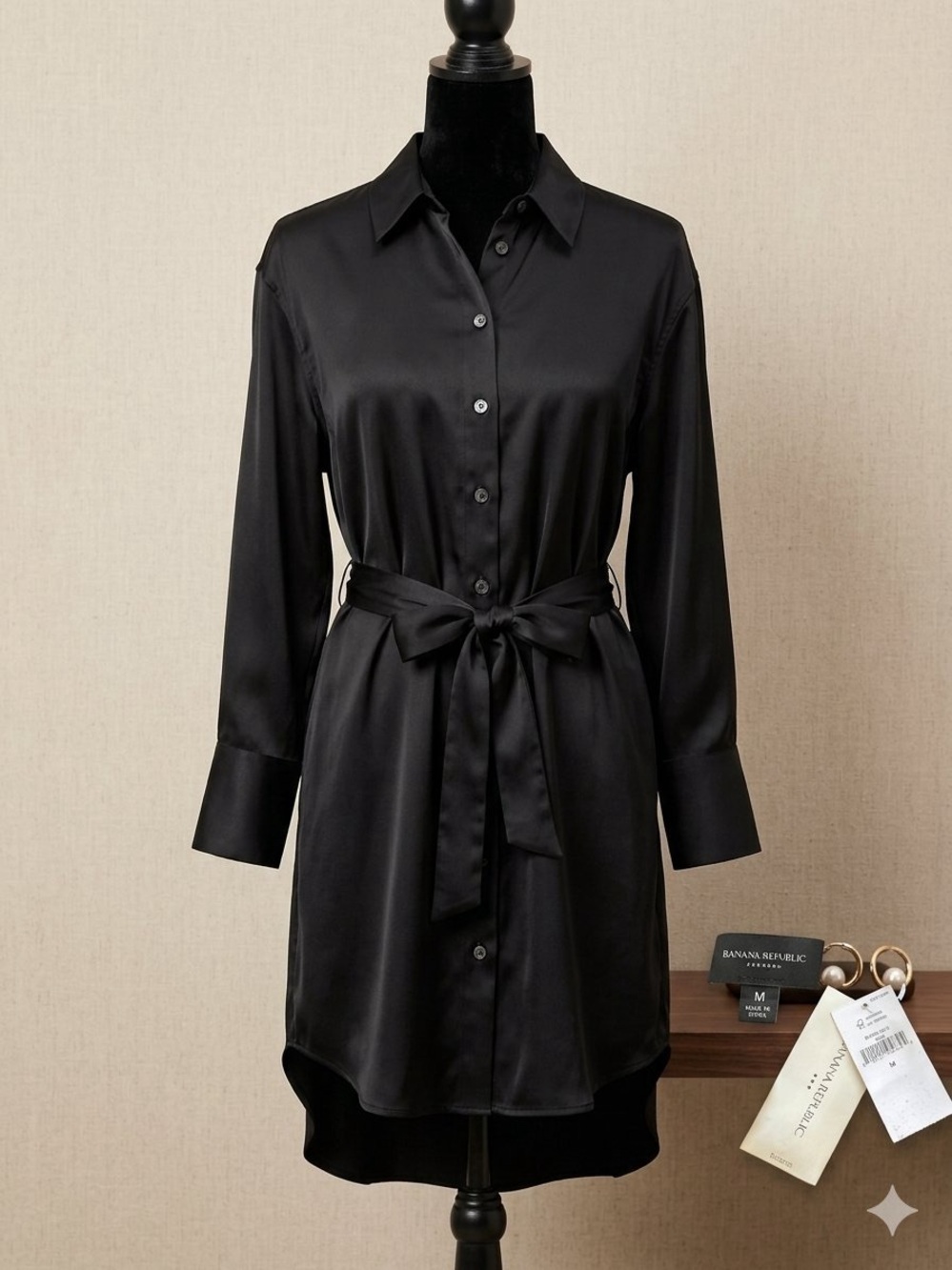 New Banana Republic Black Satin High-Low Shirt Dress with Tie